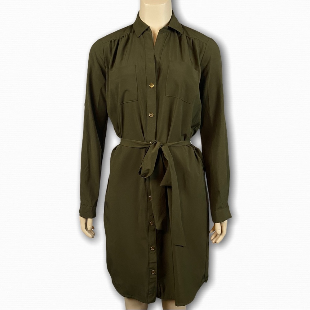 Olive Green Long Sleeve Button Down Dress w/ Belt